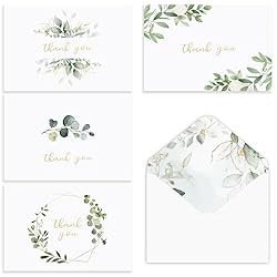 VEEYOL 100 Gold Foil Greenery Thank You Cards with Envelopes, Watercolor Foliage Thank You Notes For Wedding, Baby Shower, Graduation, Bridal, Business, Anniversary