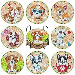 Finphoon Diamond Coasters Kits with Holder, 8 Pcs Diamond Art Coasters Kit, DIY Diamond Kits for Kids Adults Beginners (Dog)