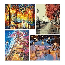 cupmod Paint by Number for Adults, 4 Pieces Paint by Numbers for Adults Beginner Drawing Paintwork with Paintbrushes Cityscape Paint Canvas Oil Painting 12X16inch