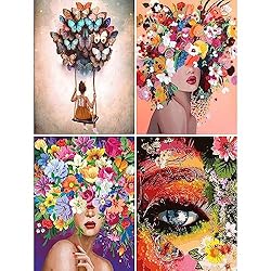 VeGuude Paint by Numbers for Adults and Kids Beginner, 4 Pack Painting by Number Kits On Canvas, Without Frame DIY Flower Girl Butterfly Oil Painting Acrylic Paints, Home Wall Decor Gift 12x16inch